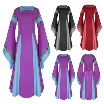 Ретро Женские средневековые костюмы для косплея на Хэллоуин с длинными рукавами-клеш, кружевное длинное платье на шнуровке, ретро викторианские платья