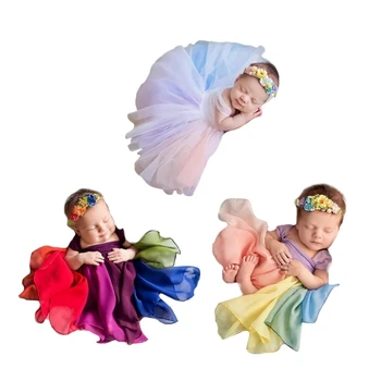 Новый реквизит для фотосъемки новорожденных, детская юбка с цветами, повязка на голову для 0-6 месяцев