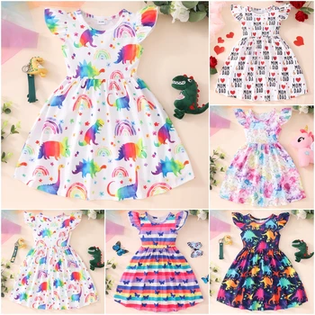 Новое платье для девочек, платье с летящими рукавами для маленьких девочек, детская праздничная пачка с рюшами, радужные платья с динозаврами, хлопковый костюм для новорожденных от 2 до 9 лет