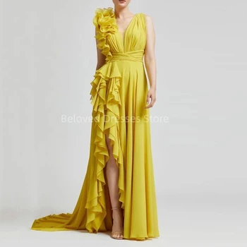 Graceful Yellow V-Neck Sleeveless Evening Dresses A-Line Floor-Length Prom Dresses 2023 Women New Style платье женское вечернее