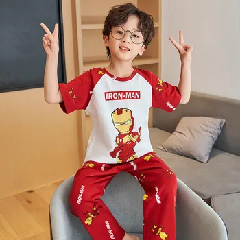 Детская пижама Для мальчиков, Летние Хлопчатобумажные Тонкие Брюки С короткими рукавами Для 13-летних Мальчиков, Детские С Рисунком Железного Человека, Кондиционер