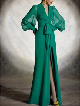 Винтажные длинные вечерние платья из зеленого крепа с разрезом, русалка, V-образный вырез, плиссированные вечерние платья с открытой спиной длиной до пола для женщин
