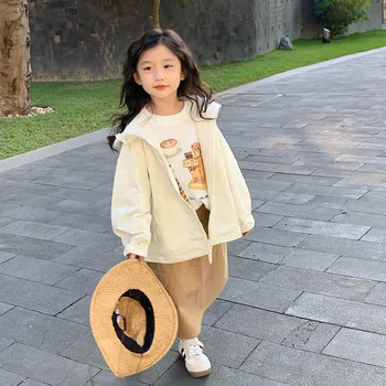 Детская одежда, тренч с капюшоном для девочек, весенняя новинка 2024 года, модная куртка в корейском стиле, пальто-кардиган с длинными рукавами