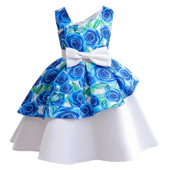 2023 Новое детское платье с принтом в виде цветка розы, платье принцессы с косыми плечами, Рождественское милое платье для вечеринки по случаю дня рождения
