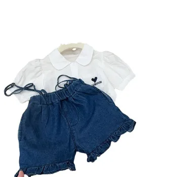 Детский костюм 2023 Летняя Белая рубашка Love С Коротким Рукавом и Подтяжками, Джинсовые Шорты, Костюм Для девочек