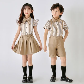 Школьный летний детский комплект официальной одежды для мальчиков и девочек, школьная форма, спортивный костюм в стиле колледжа с короткими рукавами