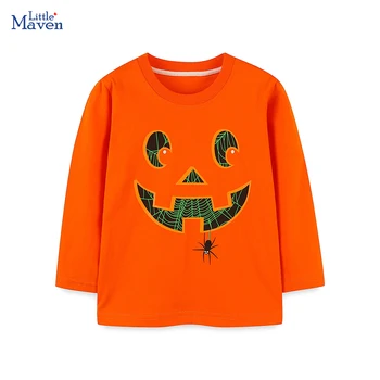 Little maven Осень 2024, Серебристая футболка с длинными рукавами в виде тыквы на Хэллоуин, весенние хлопчатобумажные топы, одежда для мальчиков, детская одежда