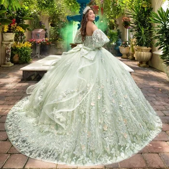 Мятно-зеленые платья принцессы Quinceanera, бальные платья, Кружевное бальное платье с аппликацией из бисера в виде сердечка, платья Sweet Sixteen, платья Vestidos