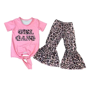 Модные комплекты для девочек, Розовый топ с коротким рукавом, Леопардовые расклешенные брюки, Летний бутик одежды для девочек оптом