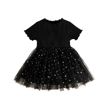 Младенцы, милая сетчатая газовая юбка со строчками в виде звездочек, детское летнее платье с летящими рукавами, черное платье 40 г.