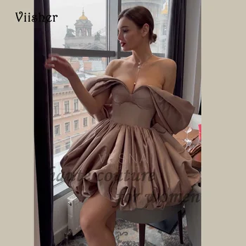 Короткие выпускные платья Viisher Brown для подростков, драпированное атласное вечернее платье с открытыми плечами, вечерние мини-платья трапециевидной формы