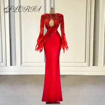 Скромные красные вечерние свадебные платья, Элегантное платье Русалки из бисера и перьев, вечернее платье для торжественных случаев, Дубайское женское праздничное платье