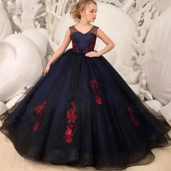 Новое черное бальное платье для малышей, платье с цветочным узором для девочек на день рождения, красные платья с аппликацией для свадебной вечеринки, показ мод, платье для первого причастия
