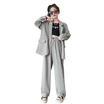 Корейский костюм для девочек, Модная куртка, Пальто + Широкие брюки, Модная Двойка, Весна-осень, Крутые Вечерние Наряды Для Девочек-подростков