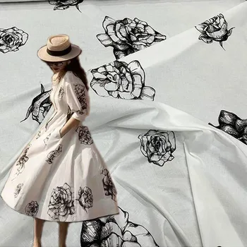 Европейская и американская черно-белая хлопчатобумажная ткань с цветочным принтом Для женского платья Блузка Брюки Ручной работы DIY Ткань для шитья