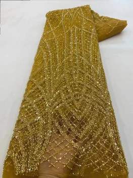 Африканская кружевная ткань с пайетками 2023 г. Высококачественная вышивка бисером Нигерийский Французский тюль Бусины Сетчатый кружевной материал для свадебного платья