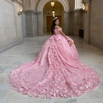 Розовые Пышные платья принцессы, Бальное платье с открытыми плечами, Сладкий Цветочный жемчуг, 16 платьев, 15 вариантов на заказ
