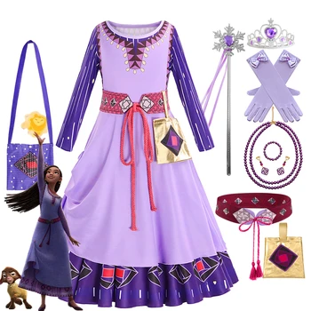 Новый Рождественский косплей Disney Wish Asha Princess для девочек, платье с фиолетовым принтом с длинным рукавом, карнавальное модное платье для выступлений за 12 т