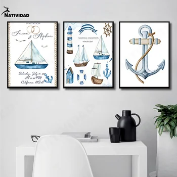 Морская карта холст картина маяк картина темно синий рисунок якорь компас плакат средиземноморский для домашнего декора