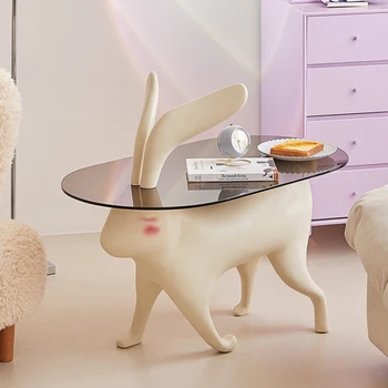 Чайный столик Xl с кроликом, Креативный стеклянный журнальный столик с животными, Мягкий декор для гостиной, Легкая декоративная мебель, роскошь
