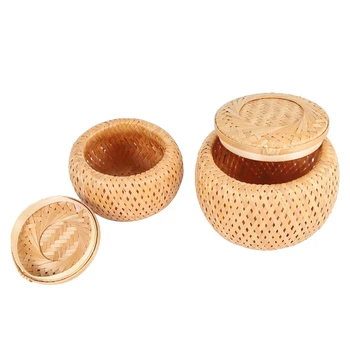 Набор из 2 небольших декоративных бамбуковых корзин с крышкой для хранения мелких предметов Ручной работы и плетеной бамбуковой коробки для хранения