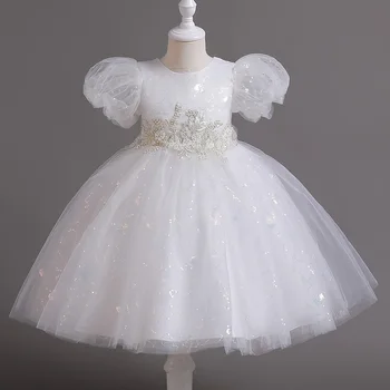 Летнее платье принцессы в придворном стиле с короткими пышными рукавами для девочек, чисто белое платье с цветочным рисунком для детского фортепианного представления # C551