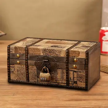 Винтажный настольный ящик для хранения с замком Прямоугольник для хранения антикварных ювелирных изделий Деревянная шкатулка Ретро влагостойкий чехол для хранения для дома