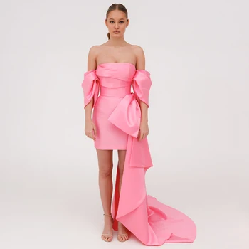 Розовые вечерние платья, атласное женское коктейльное платье без бретелек с открытыми плечами, Съемный шлейф, платья с пышными рукавами и большим бантом.