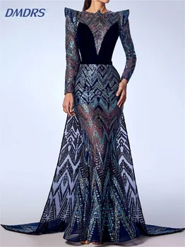Роскошное Тюлевое Платье для выпускного вечера 2024, Блестящие Вечерние Платья с круглым вырезом, Классические Платья в пол с длинным рукавом, Vestidos De Novia