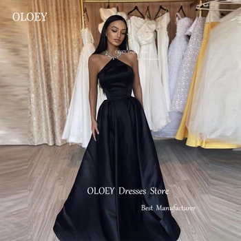 OLOEY Простые черные вечерние платья трапециевидной формы с хрустальным вырезом Длиной до пола, арабские женские платья для выпускного вечера, вечернее платье Robe de soiree