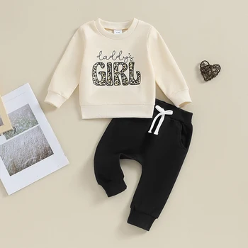 Осенние наряды для маленьких девочек из 2 предметов, Толстовка с леопардовым буквенным принтом с длинным рукавом и штаны, комплект одежды для малышей