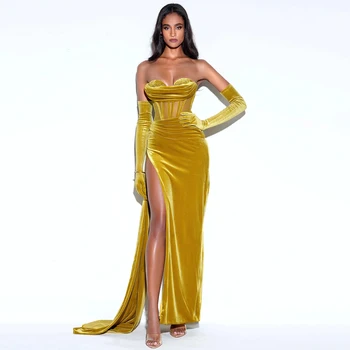 Золотое бархатное вечернее платье, длинные сексуальные вечерние платья русалки с кристаллами в виде сердца для женщин 2023, иллюзионное платье для выпускного вечера с высоким разрезом и драпировкой