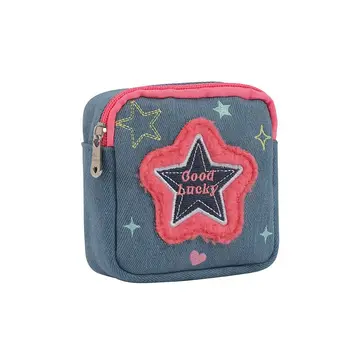 Вышитый Джинсовый кошелек для монет Fashion Star Y2K Косметичка Сумка для гигиенических салфеток Квадратное Сердечко Маленькая Дорожная сумка
