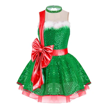 Для девочек, украшенное блестками гимнастическое трико, платье для катания на коньках для балетных танцев, Рождественское праздничное платье для косплея Санта-Клауса