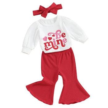 Одежда для новорожденных девочек на День Святого Валентина, толстовка с длинными рукавами и буквенным принтом, топы, расклешенные брюки, весенняя одежда