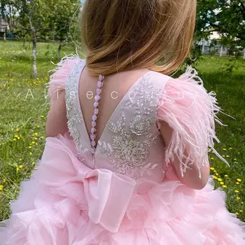 BABYONLIN, платье для причастия, Блестящие бусины с перьями, бант, вечеринка, Пушистое бальное платье для девочки в цветочек, свадьба для малышей