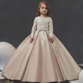 Атласное свадебное платье для девочки в цветочек, расшитое бисером, с круглым вырезом и длинными рукавами, Элегантное бальное платье для вечеринки по случаю дня рождения, платье для первого причастия