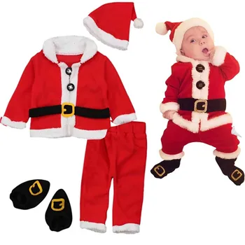 Набор для косплея, Рождественский плюшевый наряд Санта-Клауса, комплекты одежды для новорожденных, детские зимние флисовые топы + брюки + Шапки + носки, Детская одежда