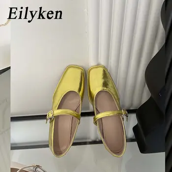 Eilyken 2024 Цвета: Золотистый, серебристый, с квадратным носком, женские босоножки для танцев на шесте с ремешком и пряжкой, модная повседневная дизайнерская обувь на плоском каблуке