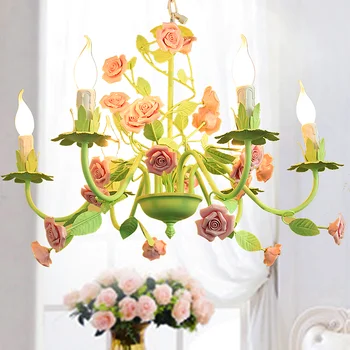 Современная люстра в стиле зелено-розовой розы, роскошная декоративная подвесная лампа, внутренняя железная хрустальная люстра для столовой