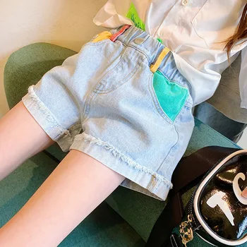 Новое поступление, креативные летние шорты для девочек, разноцветные джинсы в стиле пэчворк, мини-брюки, дышащая тонкая детская одежда