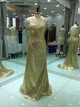 Реальные Фотографии Золотое платье для выпускного вечера с блестками, V-образный вырез, расшитое бисером Длинное вечернее платье, сшитое на заказ, Плюс Размер