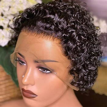 Usexy Pixie Cut Парик Короткие Парики Из Человеческих Волос 180% Плотности Черного Цвета Вьющиеся Волосы Водной Волны Прозрачные Кружевные Фронтальные Парики Для Женщин