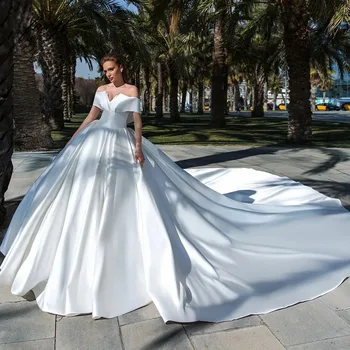 Msikoods Элегантное бальное платье из матового атласа, свадебные платья 2024 года с открытыми плечами, женские вечерние платья принцессы, платье невесты со шлейфом