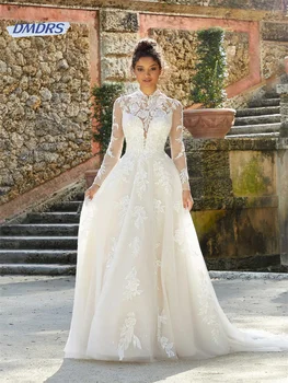 Романтические аппликации, свадебное платье с длинным рукавом, Элегантное свадебное платье трапециевидной формы длиной до пола, Изящное Vestidos De Novia