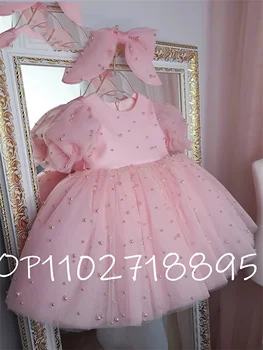 Пышное Розовое платье для девочки в цветочек с жемчужными рукавами, платье Принцессы, Праздничное платье на День рождения, Платье для девочки, платье для Девочки, Первое причастие