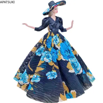Черное синее Французское платье с цветочным узором для куклы Барби, наряды, вечернее платье ручной работы и большая шляпа, аксессуары для кукол 1: 6, Детские игрушки