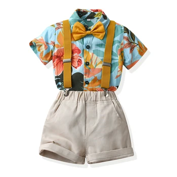 Комплекты одежды для детей и мальчиков, рубашки с бабочкой и принтом в джентльменском стиле, шорты на подтяжках, костюмы для мальчиков, повседневная одежда