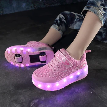Детские кроссовки на двух колесах Для мальчиков и девочек, ботинки со светодиодной подсветкой, Детские роликовые коньки на каблуках, Спортивная обувь, светящаяся USB-зарядка