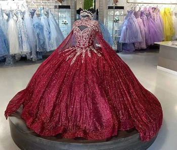 Lorencia Бордовое Блестящее Пышное Платье 2023 С Накидкой Бальное Платье С Кружевными Аппликациями Mexican Sweet 16 Vestidos De XV Anos YQD381